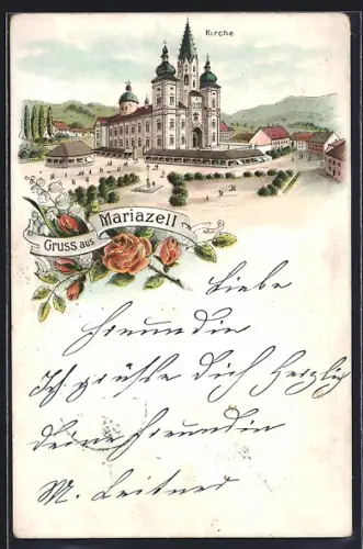 Lithographie Mariazell, Kirche mit Bergpanorama, Rosen