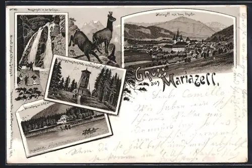 Lithographie Mariazell, Herrenhaus am Erlaf-See, Erzherzog Franz-Carls-Höhe am Bürgeralpel