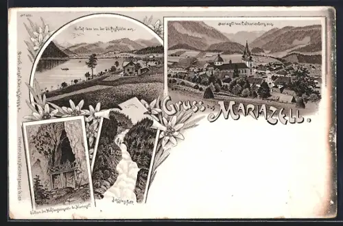 Lithographie Mariazell, Erlaf-See von der Stiftshütte aus, Lassingfall, Balcon der Hohfensteingrotte