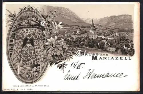 Lithographie Mariazell, Teilansicht mit Kirche, Gnadenmutter