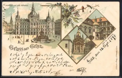 Lithographie Graz, Hauptplatz mit dem Rathaus, Mausoleum, Hof im Landhaus um 1900
