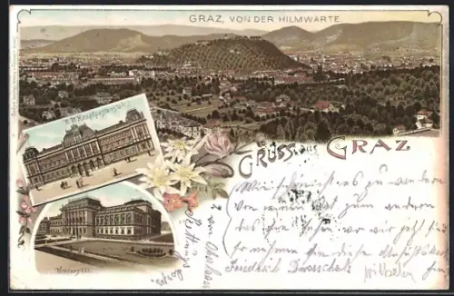 Lithographie Graz, Gesamtansicht von der Hilmwarte, Universität und R. R. Hauptpostanstalt