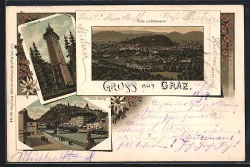 Lithographie Graz, Schlossberg, Hilmwarte und Gesamtansicht
