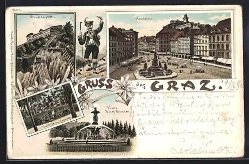 Lithographie Graz, Schlossbergbahn, Hauptplazt, Franz-Josef Brunnen