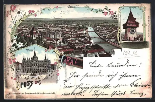 Lithographie Graz, Rathaus, Uhrturm, Totalansicht mit Fluss aus der Vogelschau