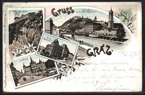 Lithographie Graz, Schlossbergbahn, Rathhaus und Techn. Hochschule