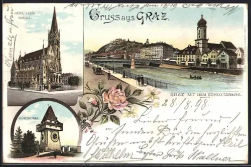 Lithographie Graz, Herz Jesu-Kirche, Uhrturm, Flusspartie mit dem Schlossberg
