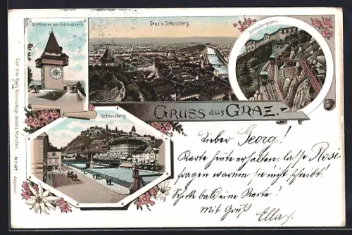 Lithographie Graz, Schlossbergbahn, Uhrturm, Schlossberg