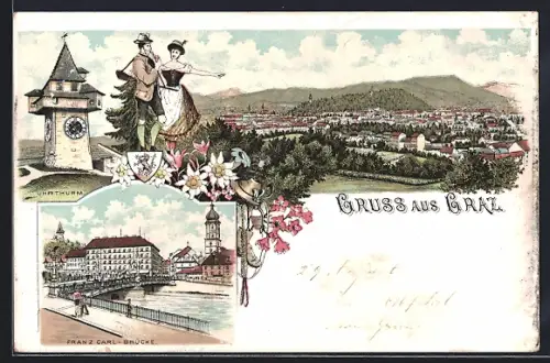 Lithographie Graz, Franz Carl-Brücke, Uhrturm, Trachtenpaar, Gesamtansicht, Wappen