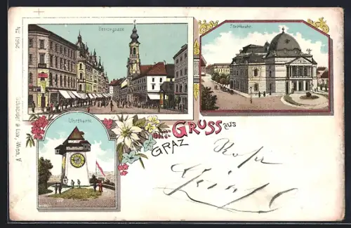 Lithographie Graz, Herrergasse, Stadttheater, Uhrturm, Blumen