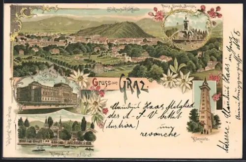 Lithographie Graz, Joseph-Brunnen, Universität, Hilmteich, Gesamtansicht