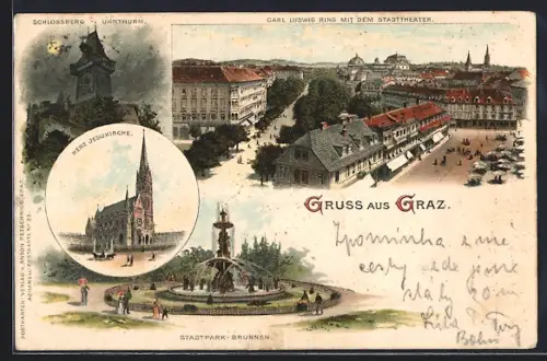 Lithographie Graz, Schlossberg-Uhrturm bei Vollmond, Herz-Jesukirche, Carl Ludwig Ring mit dem Stadttheater