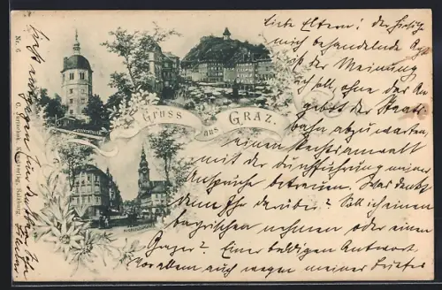 AK Graz, Auerspergplatz, Glockenturm, Marktplatz mit Marktbetrieb u. Uhrenturm