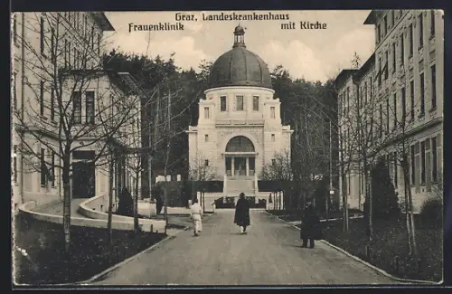 AK Graz, Landeskrankenhaus, Frauenklinik mit Kirche u. Strasse