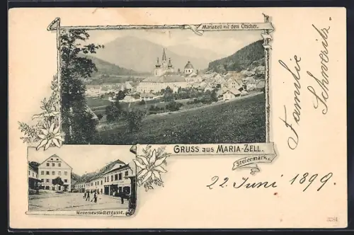 AK Mariazell, Wienerneustädtergasse mit Gasthaus, Gesamtansicht mit dem Ötscher