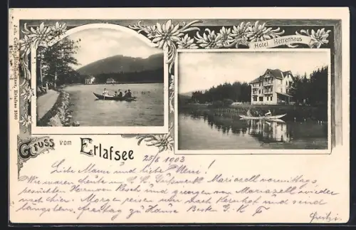 AK Erlafsee, Hotel Herrenhaus, Uferpartie mit Boot