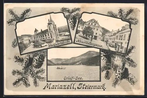 AK Mariazell, Wallfahrtskirche, Neustädtergasse und Erlaf-See