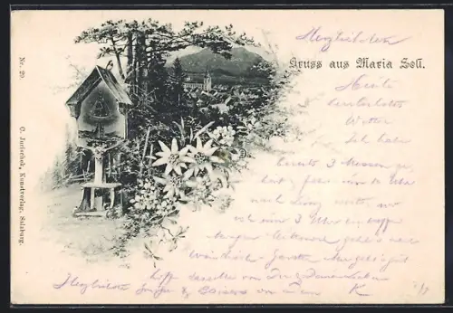 AK Mariazell, Gnadenbild / Andacht am Wege, Totalansicht, Edelweiss