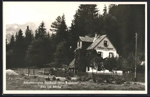 AK Fölz bei Aflenz, Schwanbergers Gasthaus Zum Sagawirt mit Weg und Bergpanorama