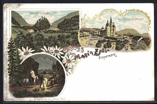 Lithographie Maria Zell, Ansicht mit Wallfahrtskirche und Sigmundsberg
