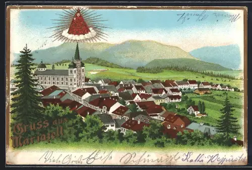 Lithographie Mariazell, Gesamtansicht mit Kirche und schwebender Jungfrau aus der Vogelschau