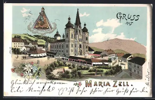 Lithographie Maria Zell, Ortsansicht mit Basilika