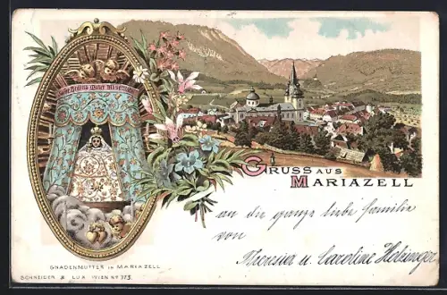 Lithographie Mariazell, Gnadenmutter mit Engeln im Rahmen, Gesamtansicht mit Bergpanorama
