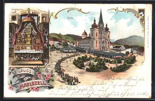 Lithographie Mariazell, Kirche und Schatzkammer
