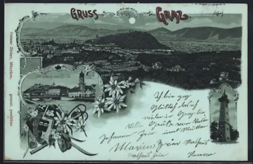 Mondschein-Lithographie Graz, Schlossberg u. neue Brücke, Aussichtsturm und Gesamtansicht