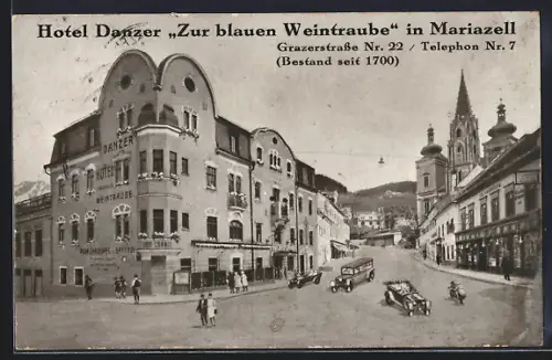 AK Mariazell, Ortsansicht mit Kirche, Hotel Danzer Zur Blauen Weintraube