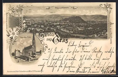 Lithographie Graz, Herz Jesu-Kirche und Gesamtansicht von der Hilmwarte