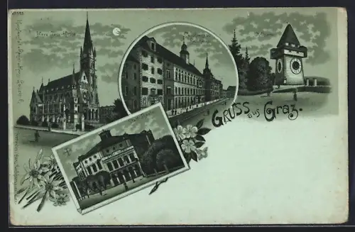 Mondschein-Lithographie Graz, Herz Jesu-Kirche, Stadt-Theater, Landhaus, Rathaus und Uhrturm