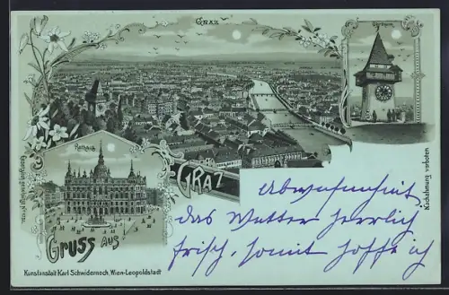 Mondschein-Lithographie Graz, Rathaus, Uhrturm und Gesamtansicht im Vollmondlicht