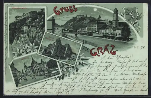 Mondschein-Lithographie Graz, Schlossbergbahn, Techn. Hochschule, Rathaus und Flusspartie
