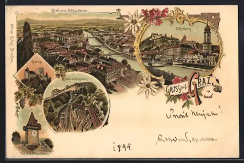 Lithographie Graz, Schlossbergbahn, Gösting, Uhr am Schlossberg