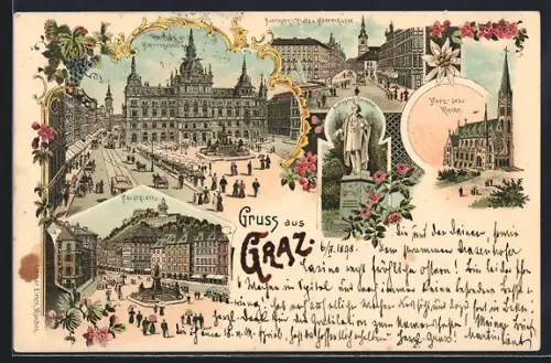 Lithographie Graz, Herz-Jesu Kirche, Hauptplatz, Rathaus mit Herrengasse