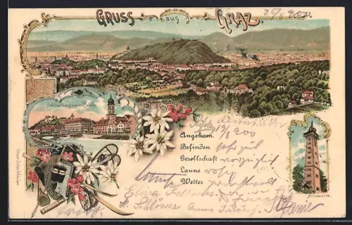 Lithographie Graz, Hilmwarte, Schlossberg und neue Brücke, Ortspanorama