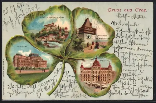 Passepartout-Lithographie Graz, Kleeblatt mit Uhrturm am Schlossberg und Universität, 4 Ansichten