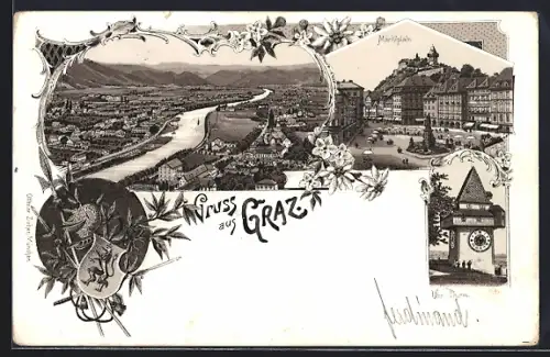 Lithographie Graz, Marktplatz, Uhrturm und Flusspartie aus der Vogelschau