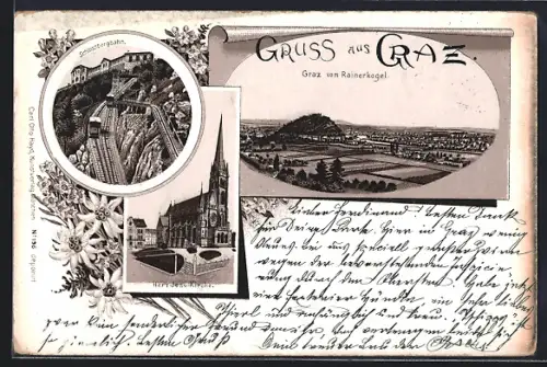 Lithographie Graz, Schlossberggraben, Herz Jesu-Kirche und Totalansicht vom Rainerkogel