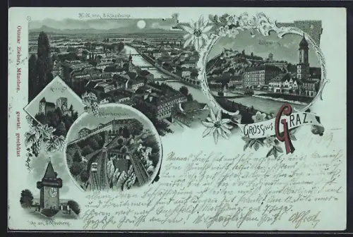 Mondschein-Lithographie Graz, Göstingen, Schlossbergbahn, Blick vom Schlossberg