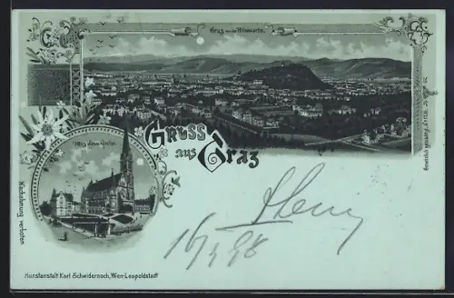 Mondschein-Lithographie Graz, Herz Jesu-Kirche und Blick von der Hilmwarte