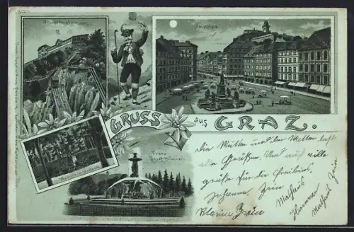 Mondschein-Lithographie Graz, Schlossbergbahn, Waldlilie im Stadtpark, Franz Josef-Brunnen und Hauptplatz