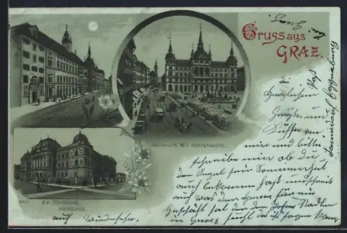 Mondschein-Lithographie Graz, K. K. Technische Hochschule und Rathaus mit Herrengasse und Strassenbahn