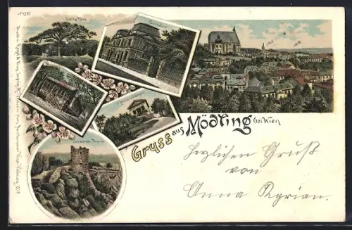 Lithographie Mödling, Husarentempel, Cursalon, Breite Fähre, Schwarzer Turm, Anningerhaus, Teilansicht