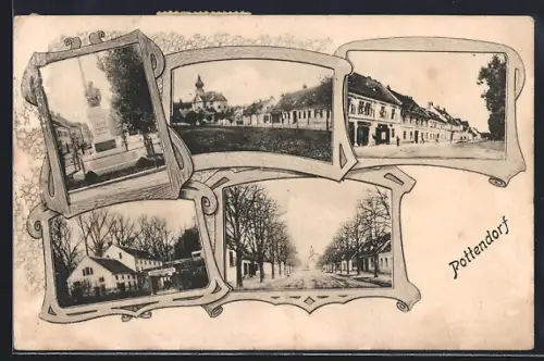 AK Pottendorf, Denkmal, Gasthaus, Ortspartie, Allee und Strassenpartie