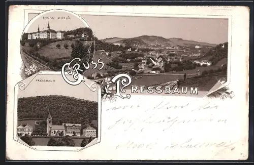 Lithographie Pressbaum, Sacre Coeur, Ortspartie und Gesamtansicht