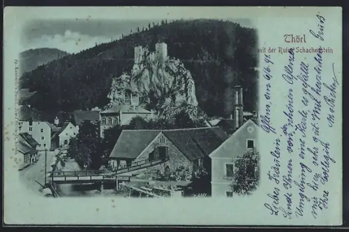 AK Thörl, Ortsansicht mit der Ruine Schachtenstein
