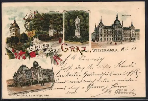 Lithographie Graz /Steiermark, Technische Hochschule, Waldlilie, Glockenthurm, Auersberg-Denkmal, Rathhaus