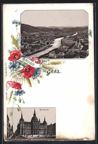 AK Graz, Totalansicht mit Flusspartie und Rathaus